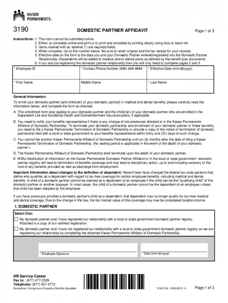 Kaiser Permanente Domestic Partner Affidavit Preview on Page 1