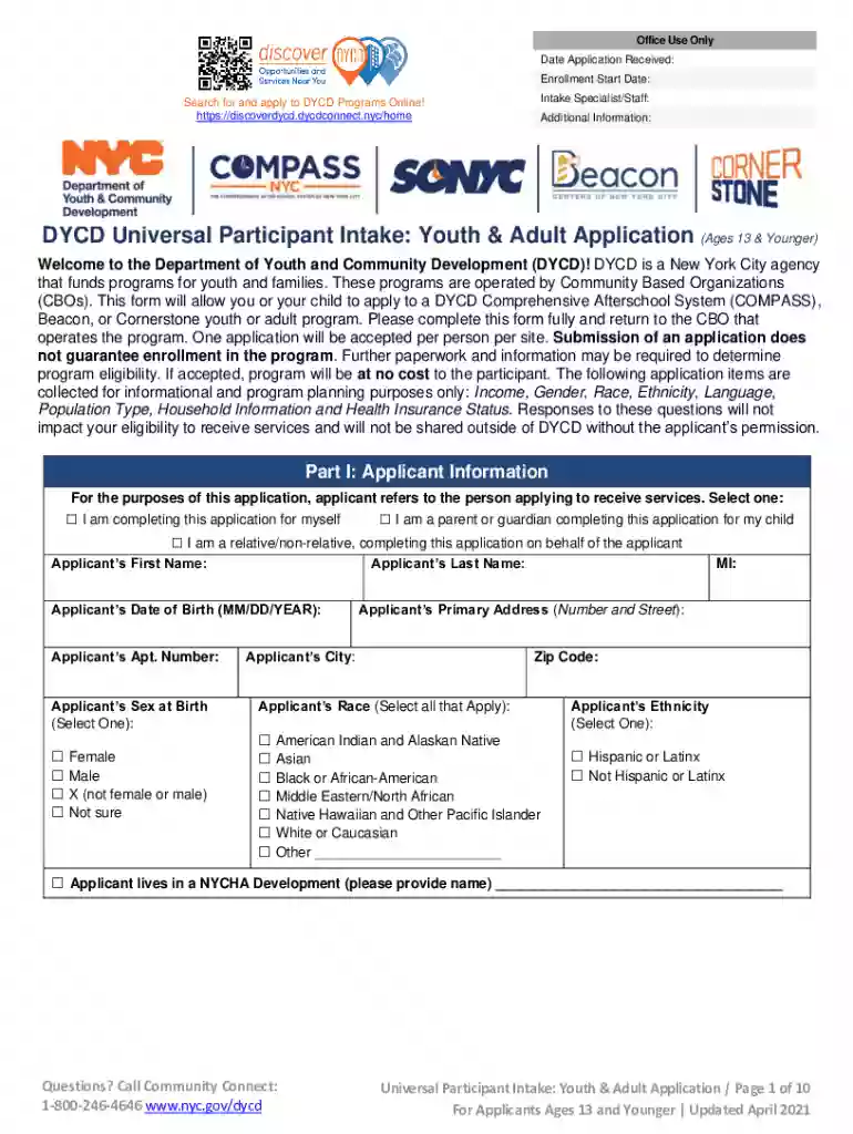 dycd universal participant intake form Preview on Page 1