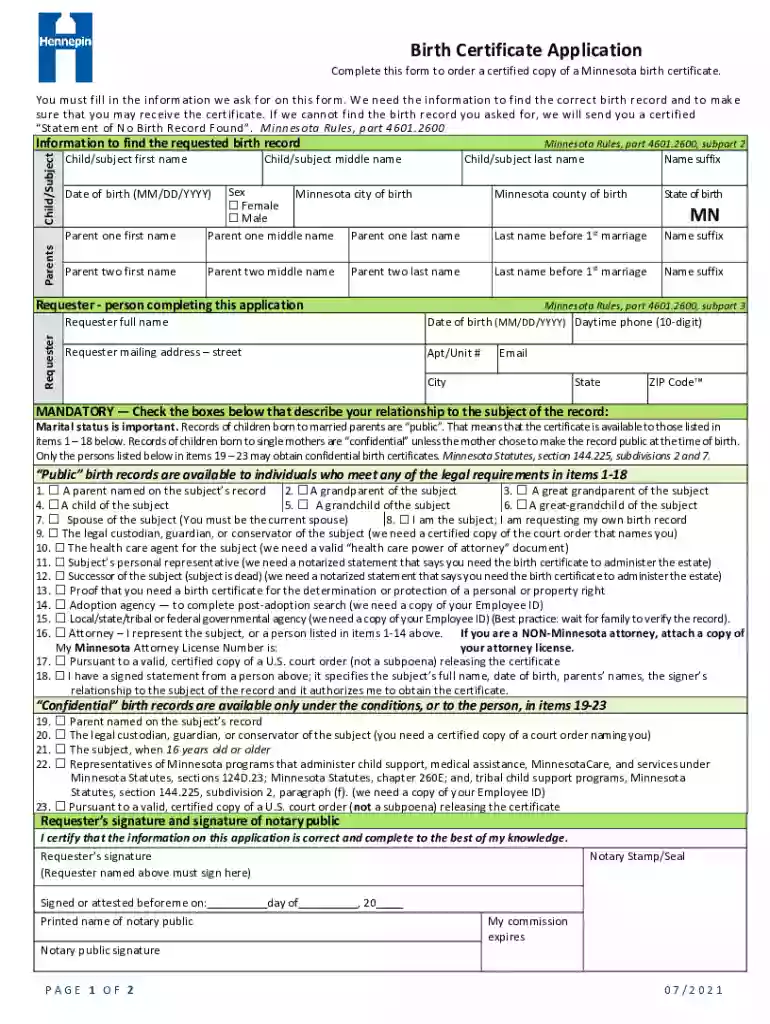 minnesota birth certificate form Preview on Page 1
