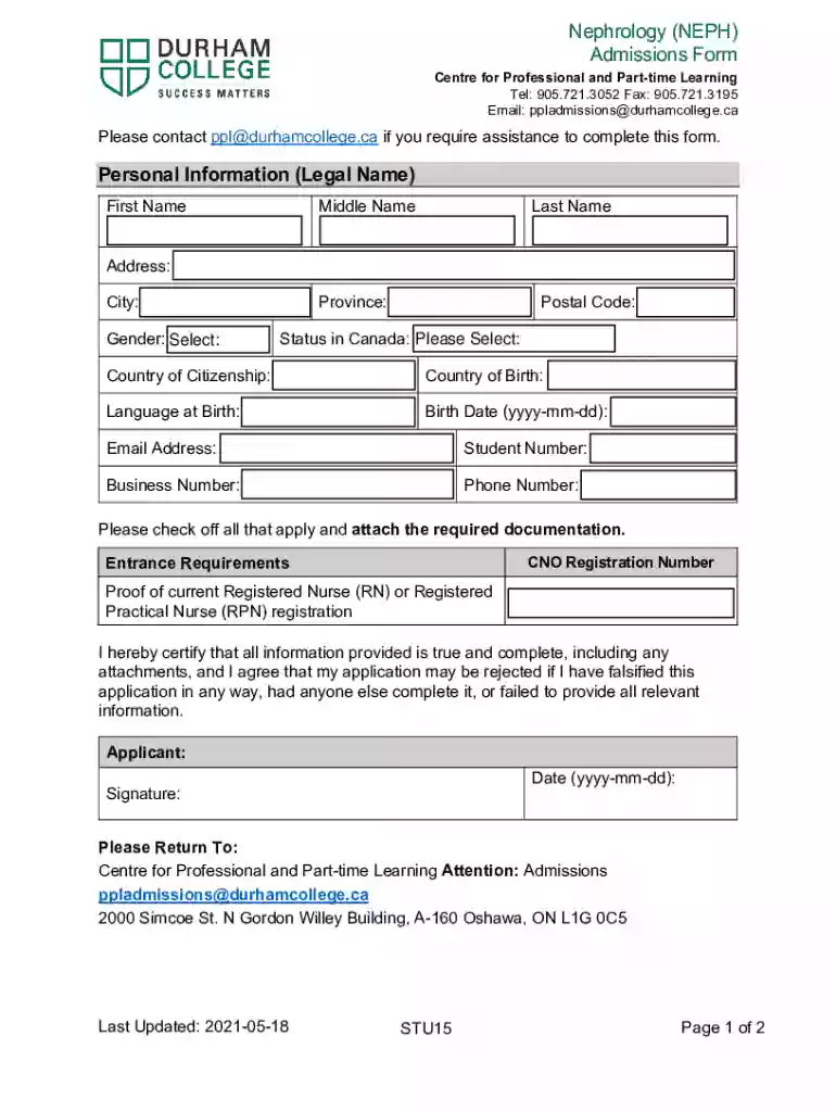 Nephrology Admissions Form Preview on Page 1