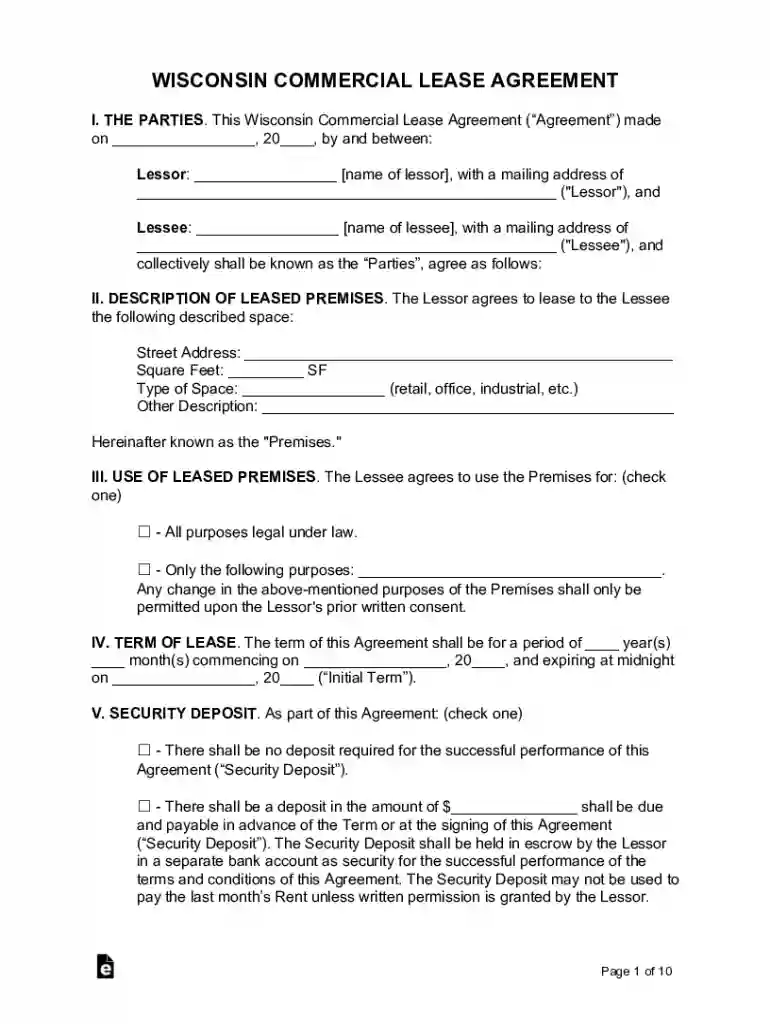 wisconsin commercial lease agreement Preview on Page 1