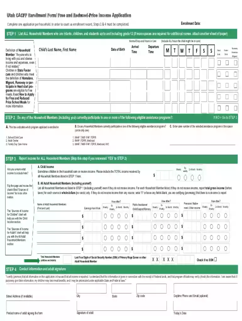 Utah CACFP Enrollment Form Free and Reduced-Price Income Application Preview on Page 1