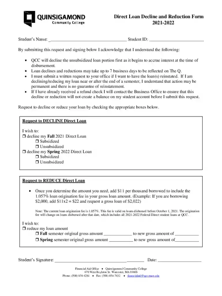 Direct Loan Decline and Reduction Form Summer 2021 - qcc Preview on Page 1
