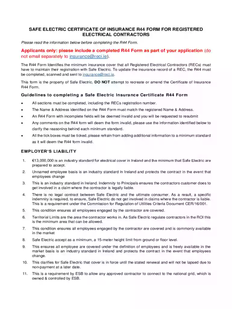 Safe Electric Certificate of Insurance R44 Form Preview on Page 1