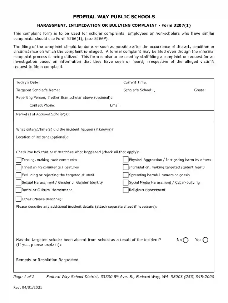 WA Federal Way Public Schools Form 3207(1) Preview on Page 1