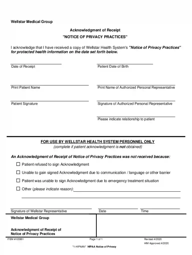 Wellstar Medical Group Acknowledgment of Receipt Notice of Privacy Practices Preview on Page 1