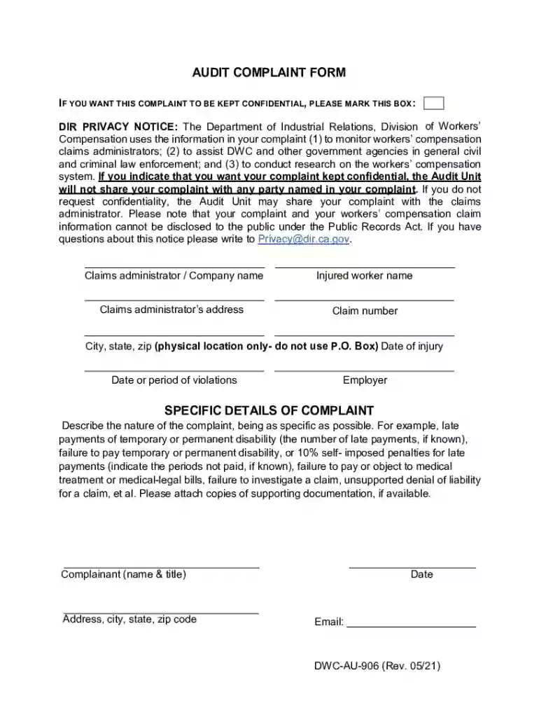 dwc audit complaint form Preview on Page 1