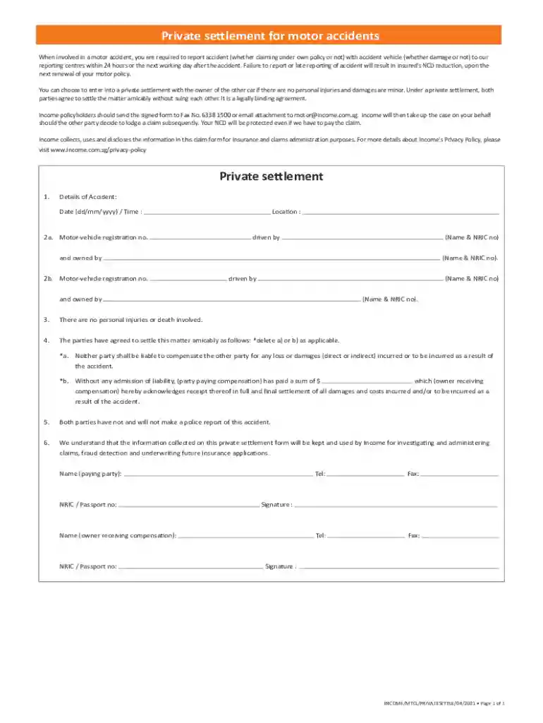 accident private settlement form Preview on Page 1