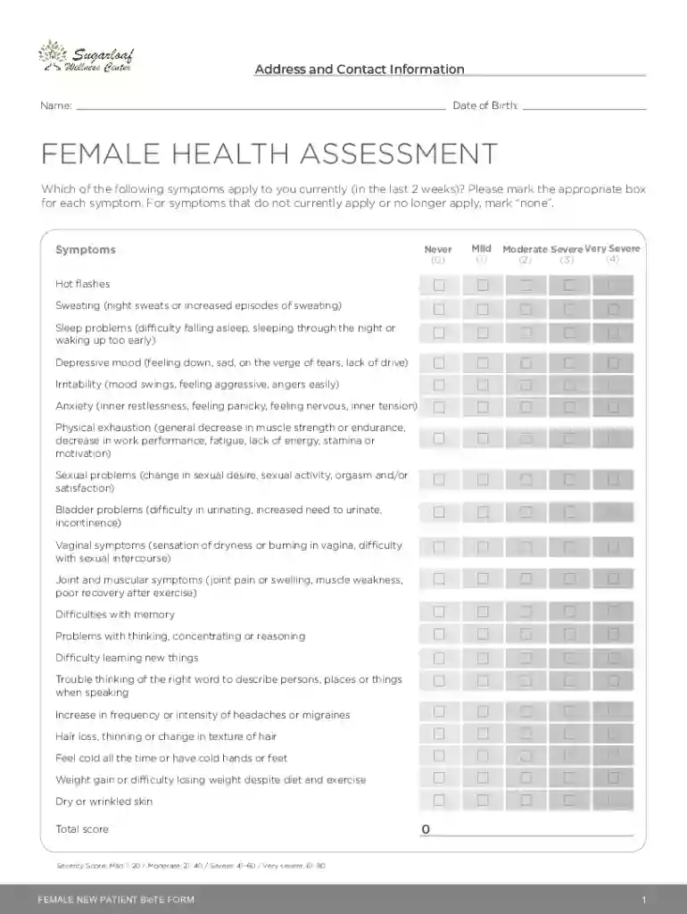 New Patient BioTE Form (Female) SWC Female New Patient BioTE Health Assessment Form Preview on Page 1