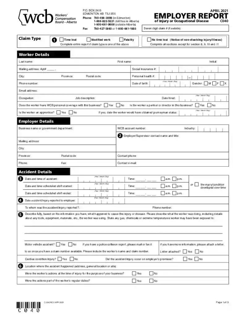 wcb employer report fillable Preview on Page 1