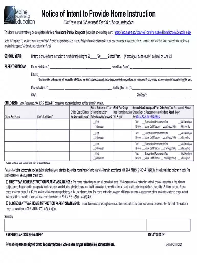 Notice of Intent to Provide Home Instruction - Maine Preview on Page 1