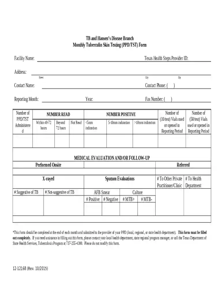 Monthly Tuberculin Skin Testing (PPD TST) Form andlt;pandgt;Infectious Disease Control UnitMonthly T Preview on Page 1
