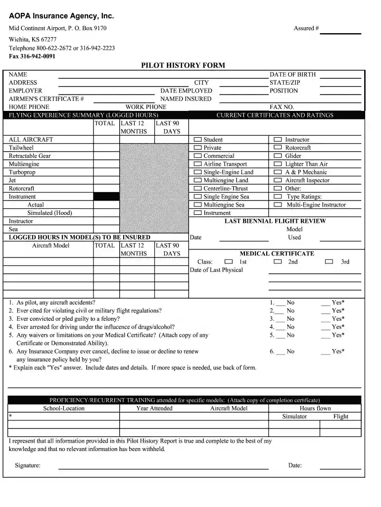 pilot history form Preview on Page 1