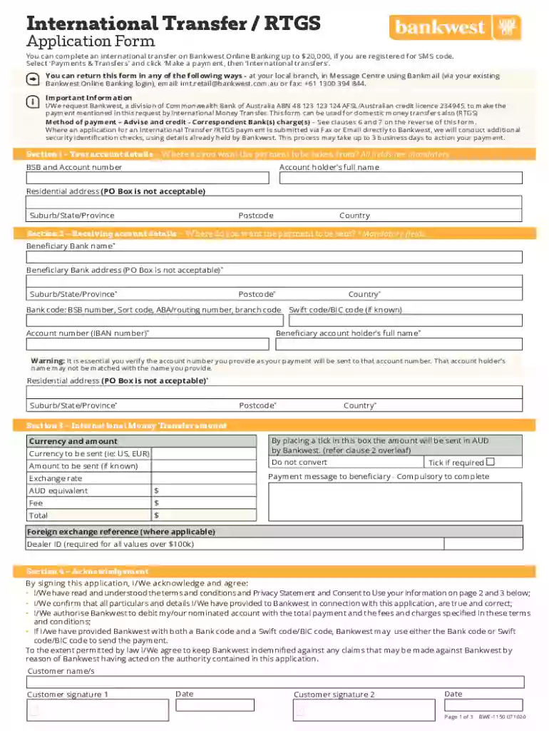 International Transfer or Real Time Gross Settlements Application Form International Transfer, Inter Preview on Page 1