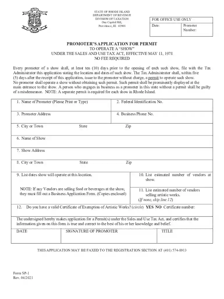 Form SP-1 "Promoter's Application for Permit" - Rhode Island Preview on Page 1
