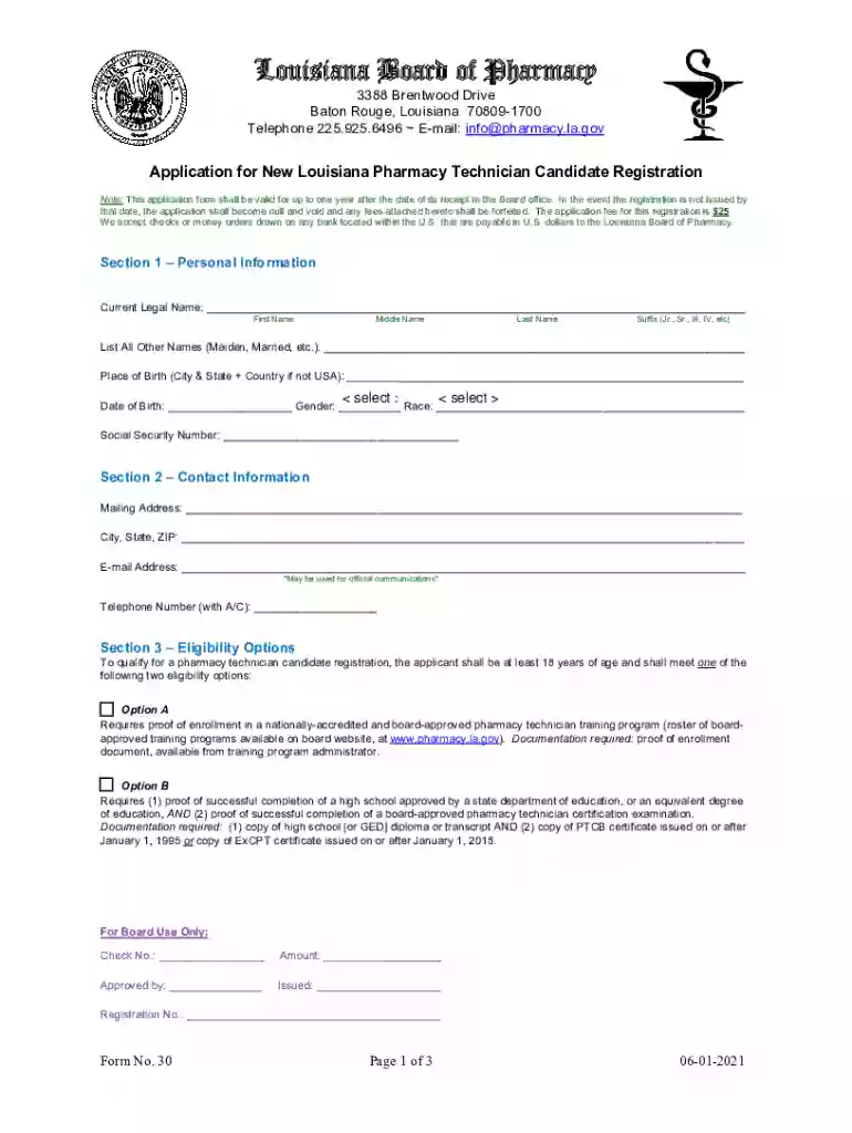 Application for New Louisiana Pharmacy Technician Preview on Page 1