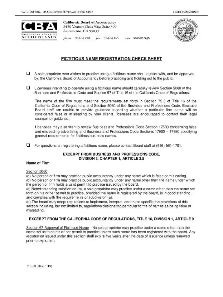 Fictitious Name Registration Check Sheet - California Preview on Page 1