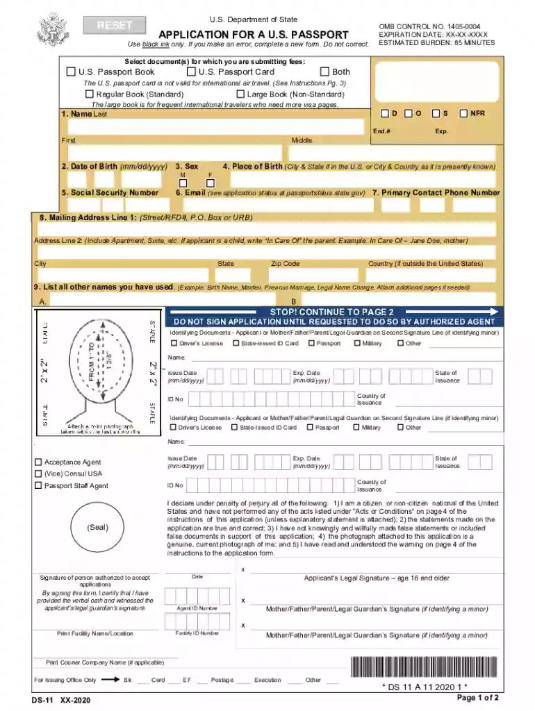 US Passport Application Form DS-11 Preview on Page 1
