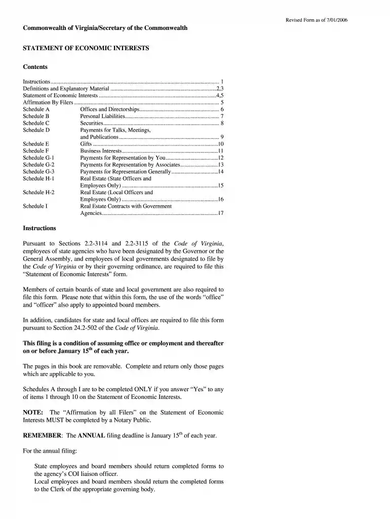 Commonwealth of virginia statement of economic interest fillable 2006 form Preview on Page 1