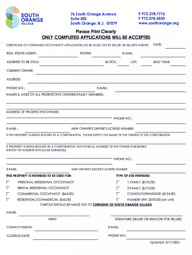 Application for Certificate of Continued Occupancy PDF Preview on Page 1