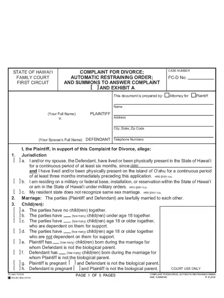 Form 1F-P-2039 "Complaint for Divorce; Automatic ... Preview on Page 1