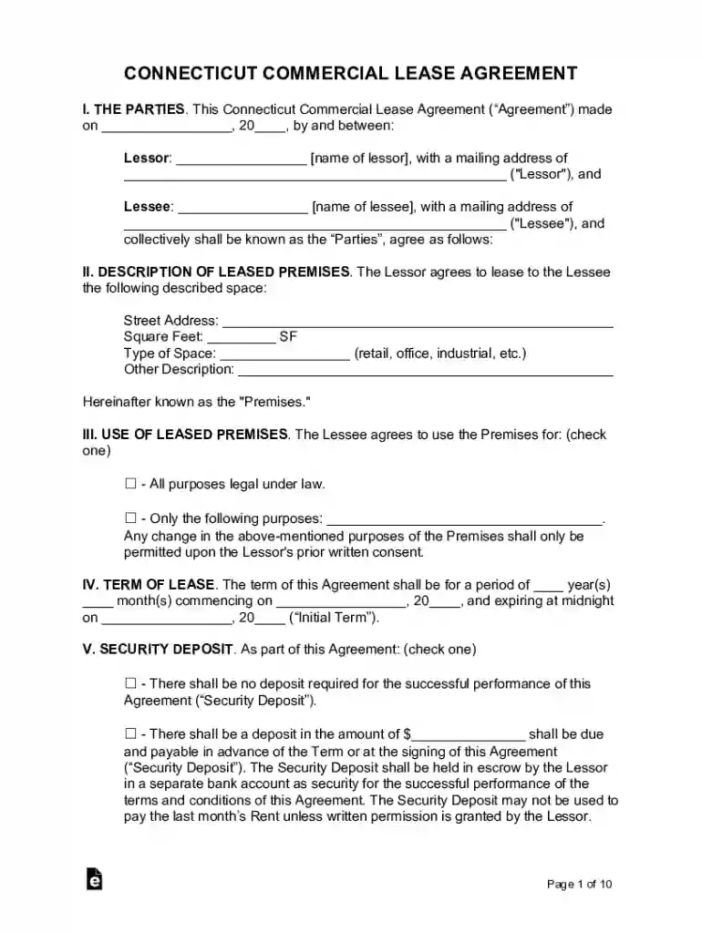 Connecticut Commercial Lease Agreement - Legal Form Preview on Page 1