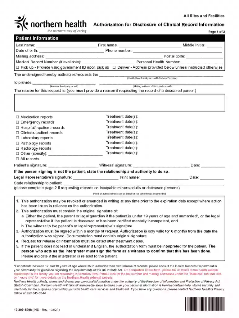 northern health form Preview on Page 1