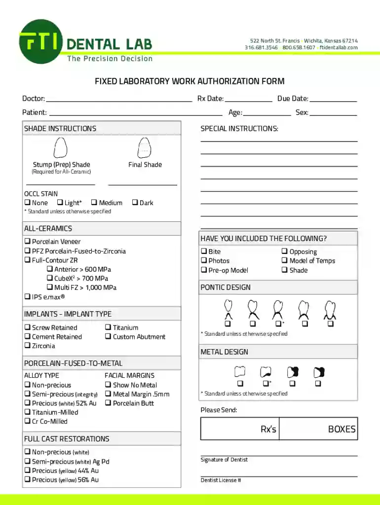 FIXED LABORATORY WORK AUTHORIZATION FORM Preview on Page 1