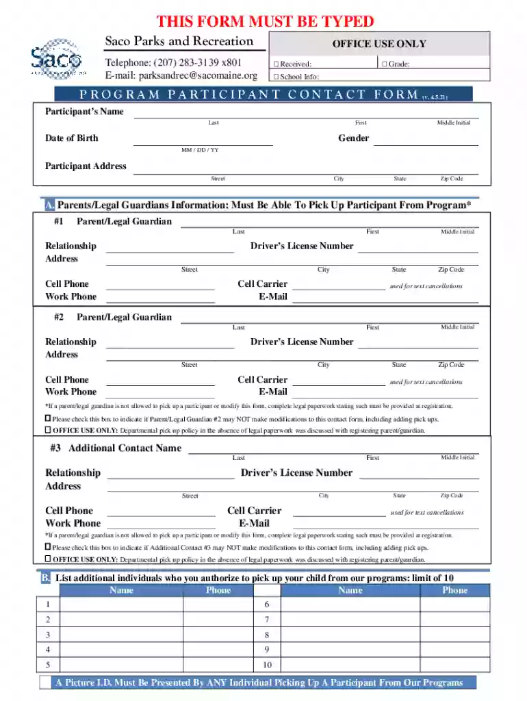 SPR Participant Contact Form Program Enrollment Preview on Page 1