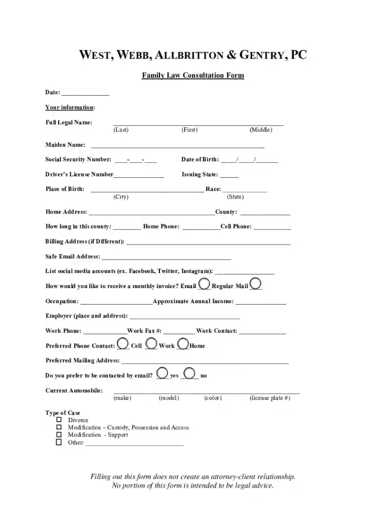 Family Law Consultation Form - WEST WEBB ALLBRITTON GENTRY PC Preview on Page 1