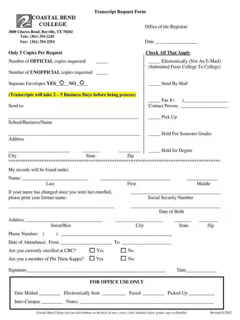 coastal bend college transcript request Preview on Page 1