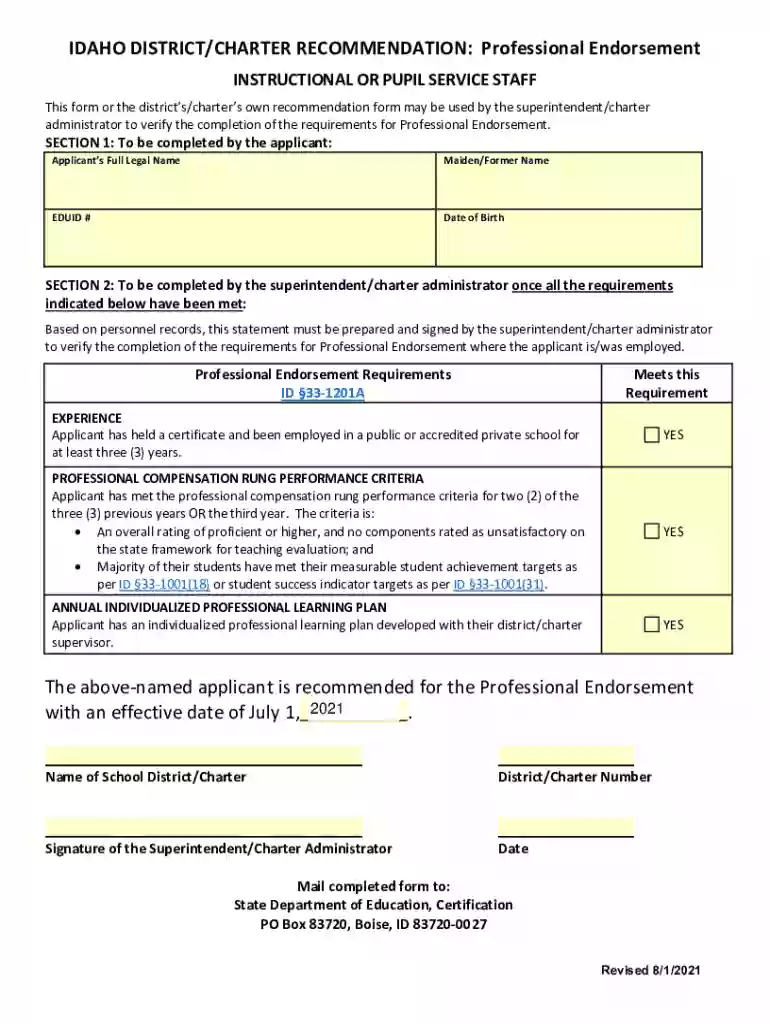 Professional Endorsement Recommendation Form - Idaho ... Preview on Page 1