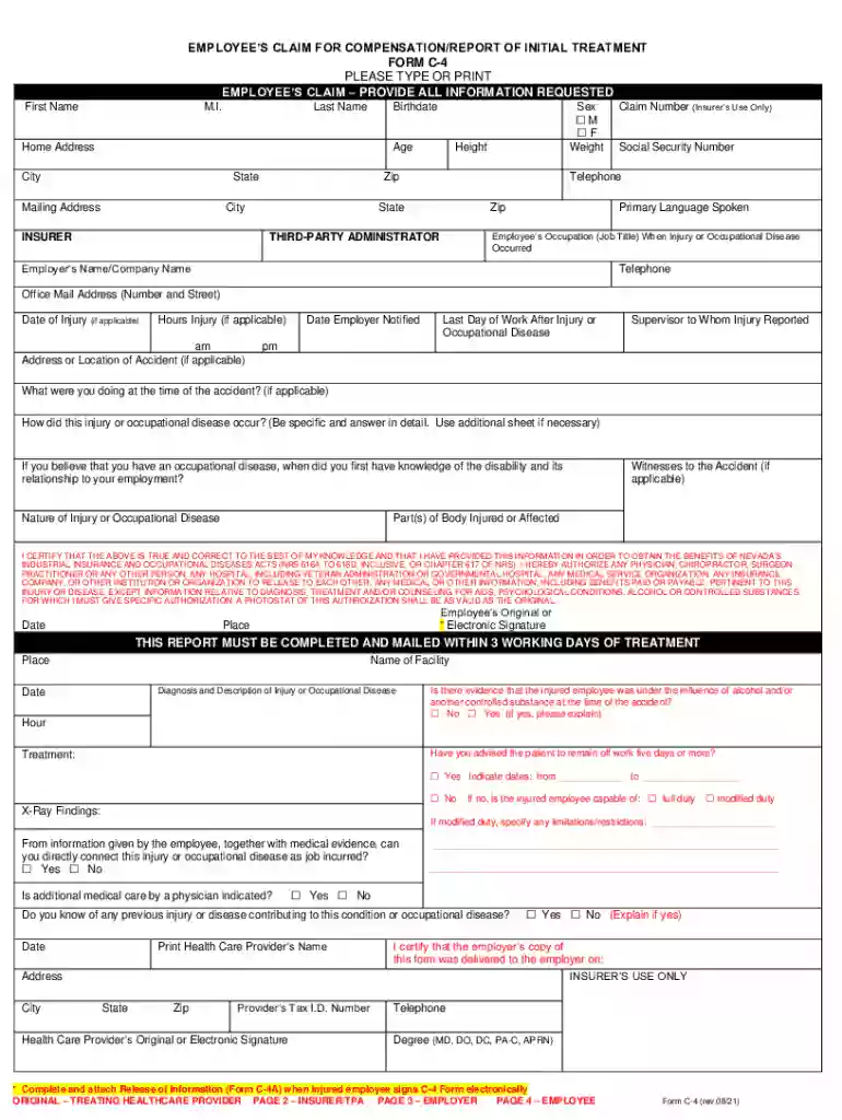 Revised C-4 Form Employee's Claim for Compensation Preview on Page 1