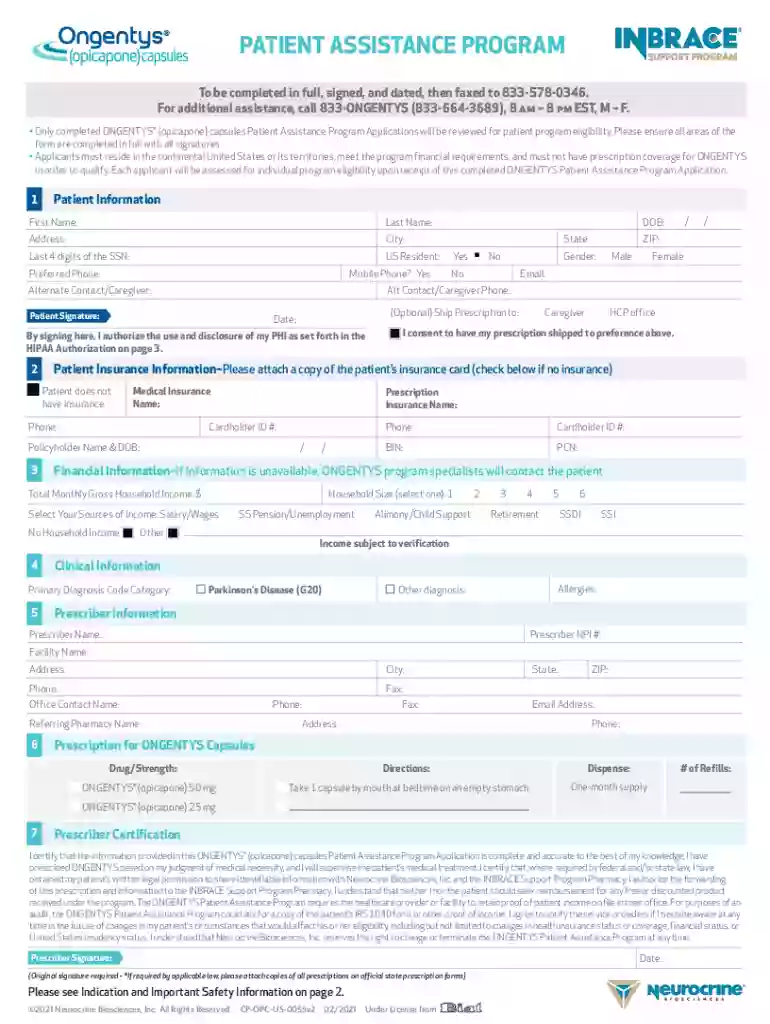 Ongentys Patient Assistance Program Application Preview on Page 1