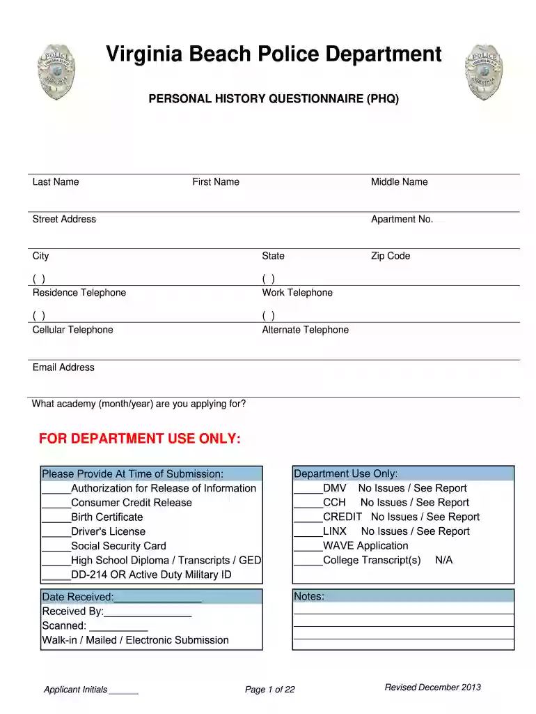 virginia beach police physical ability medical waiver form 2013 Preview on Page 1
