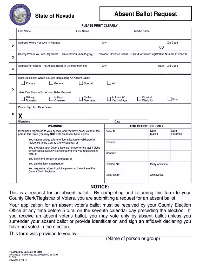 absentee ballot nevada fillable form Preview on Page 1