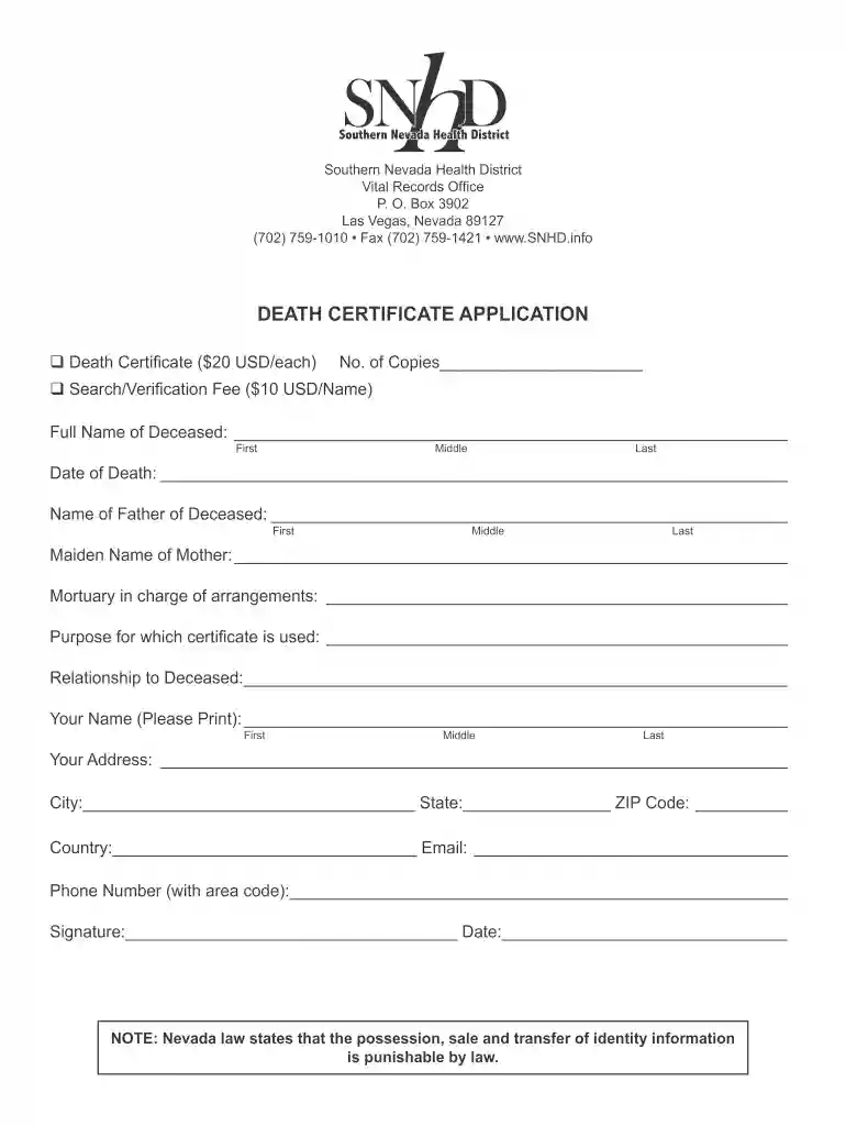 nevada death certificate application Preview on Page 1