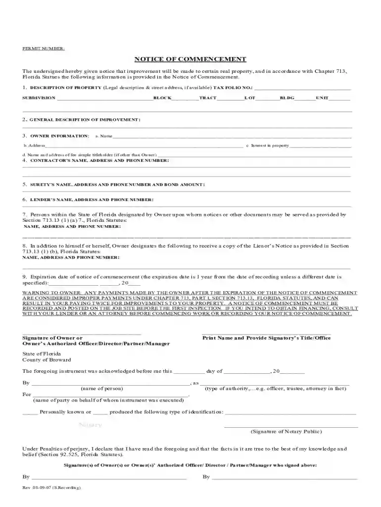 Notice of Commencement form - Pinellas County, Florida Preview on Page 1