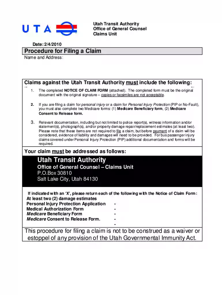 Download the Notice of Claim Form - Utah Transit Authority Preview on Page 1
