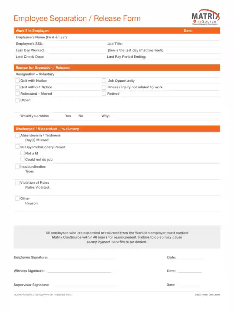 end of employment verification form Preview on Page 1