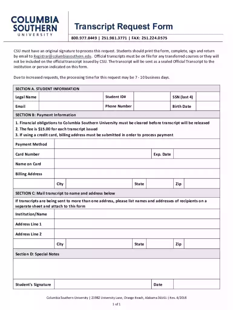 columbia southern university transcript request Preview on Page 1