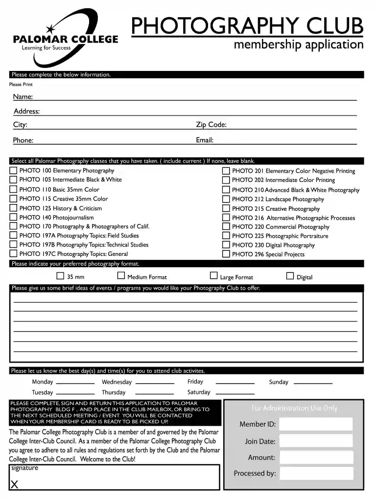 Membership Application - Palomar College Club Index - clubs palomar Preview on Page 1