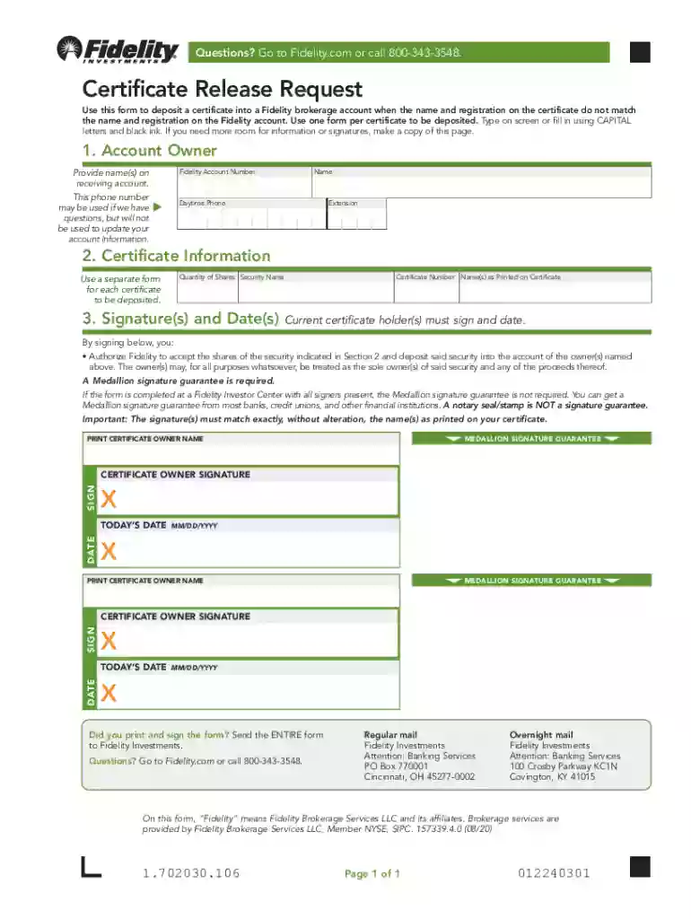 fidelity certificate release request Preview on Page 1