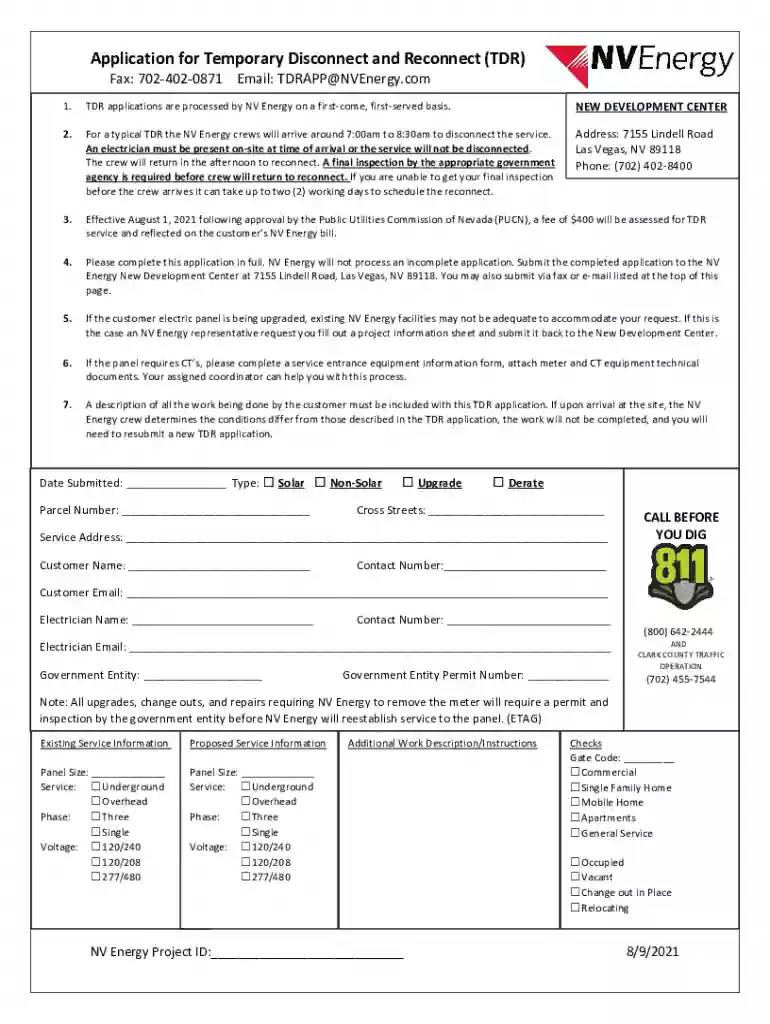 Fillable Online Application for Temporary Disconnect and Preview on Page 1