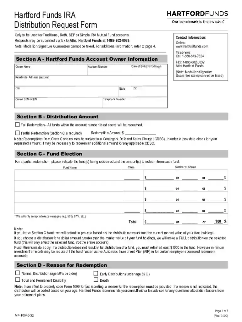 Hartford Funds IRA Distribution Request Form - Fill and Preview on Page 1