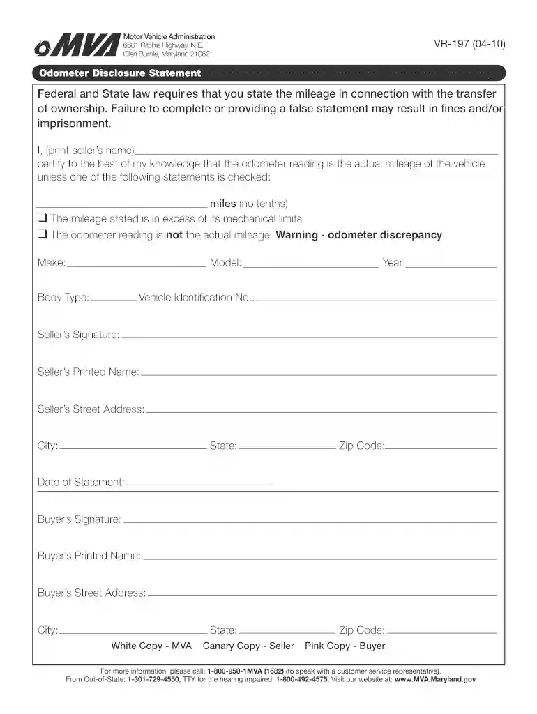 odometer disclosure statement maryland Preview on Page 1