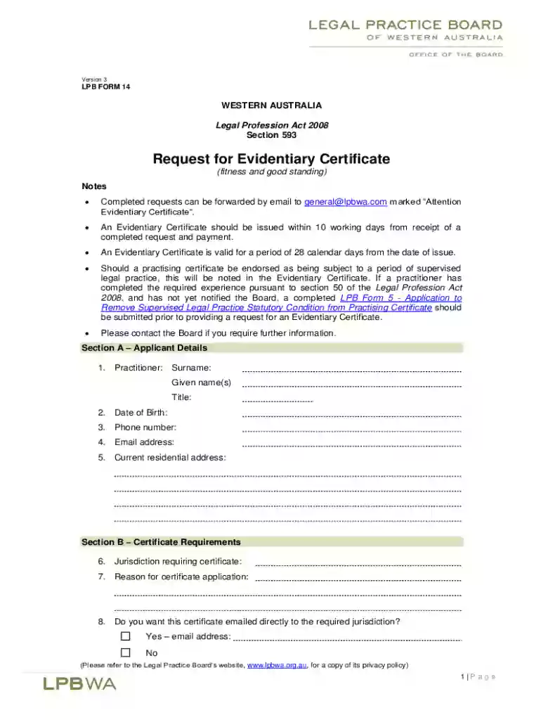 LPB Form 14 Request for Evidentiary Certificate PD Preview on Page 1