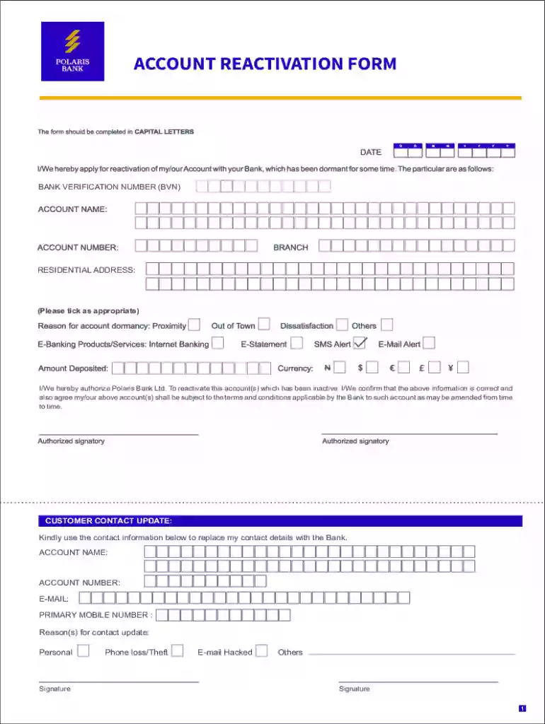 account reactivation form amended v17 - Polaris Bank Limited Preview on Page 1