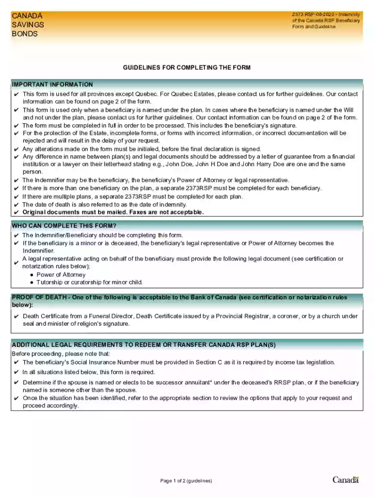 PDF Indemnity of The Canada RSP Beneficiary Form and Guidelines Preview on Page 1