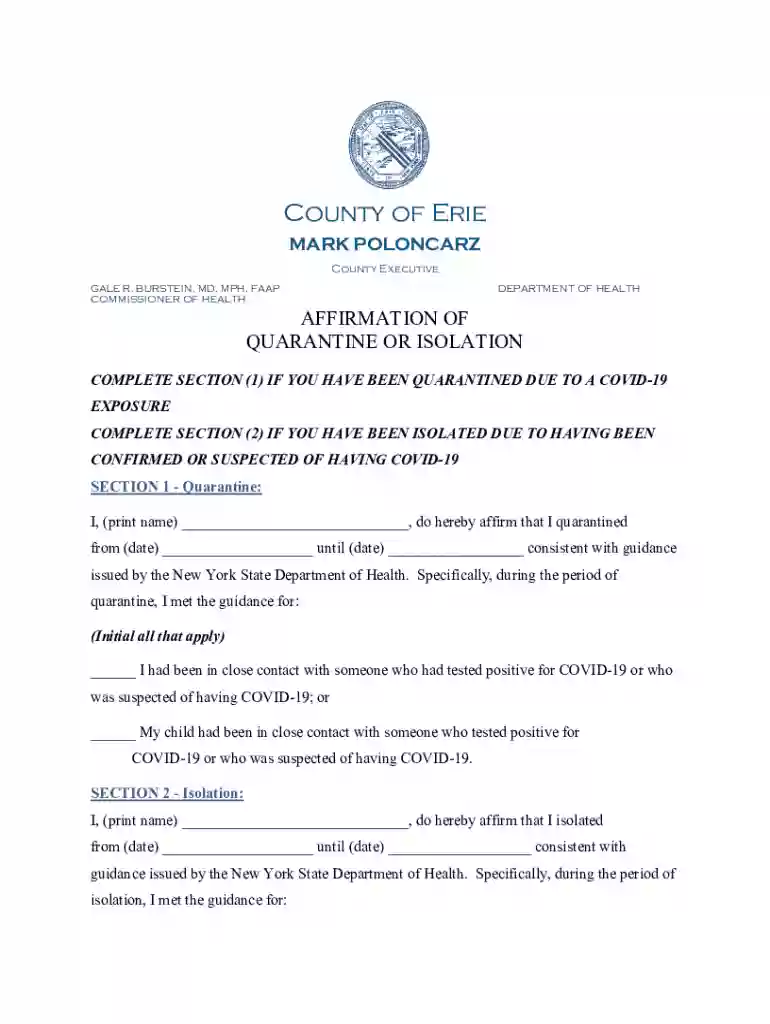 Fillable Online www2 erie AFFIRMATION OF SELF-QUARANTINE Preview on Page 1